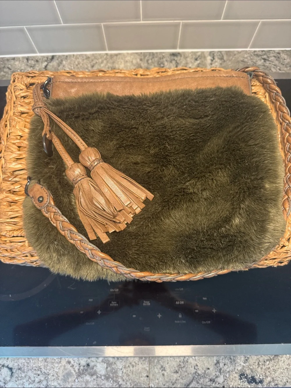 Juicy Couture Olive Faux Fur Clutch with Tan Leather Trim and Tassel